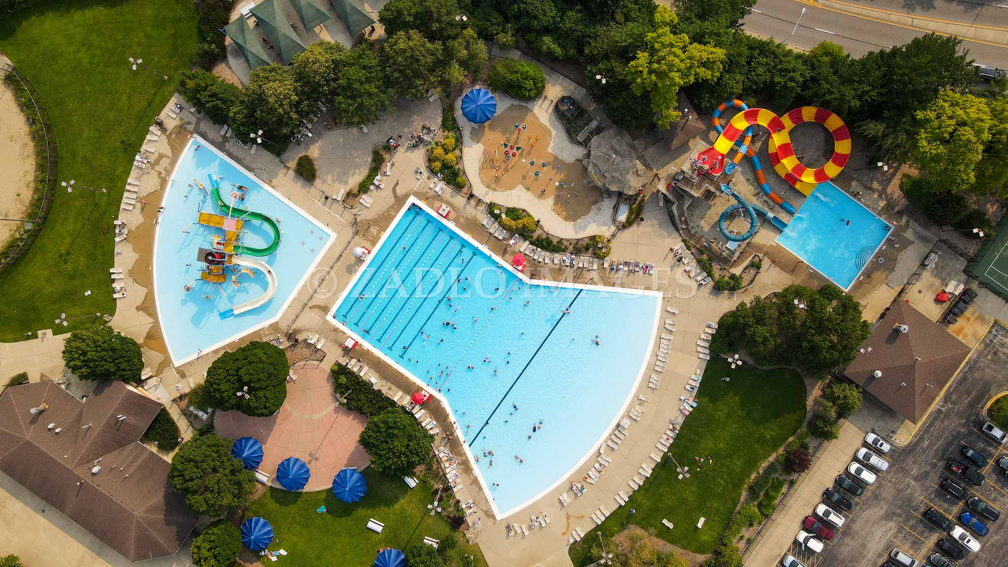 A waterpark with 3 pools.